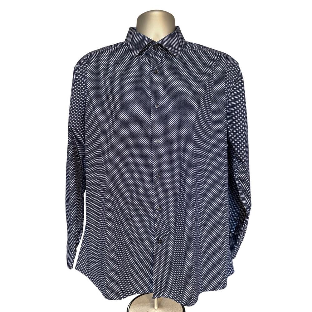 Michael Kors Slim Fit Button Down Navy Blue Geometric Print Long Sleeve Size XL